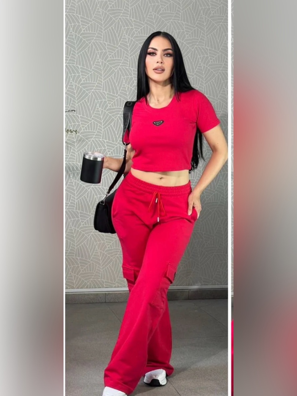 Red Two piece Matching Women's Cargo Sweatpants with Matching Cropped Top size S